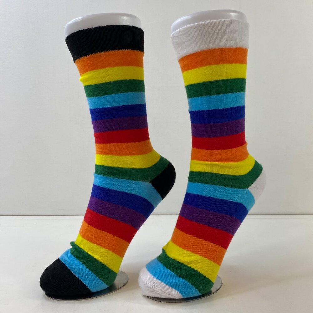 Unisex Crew Socks Set 2 Rainbow Stripes Black Yellow Blue Green Orange Red White